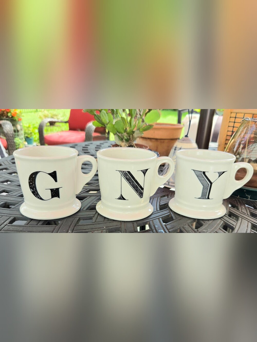 Set of 3 Anthropologie Intial Mugs Letters G N Y White Black Shaving Coffee Tea